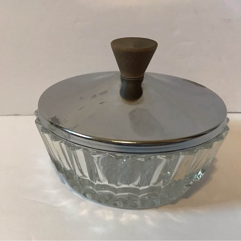 Vintage Ribbed Glass Dish with Chrome Metal Lid and Wooden Knob